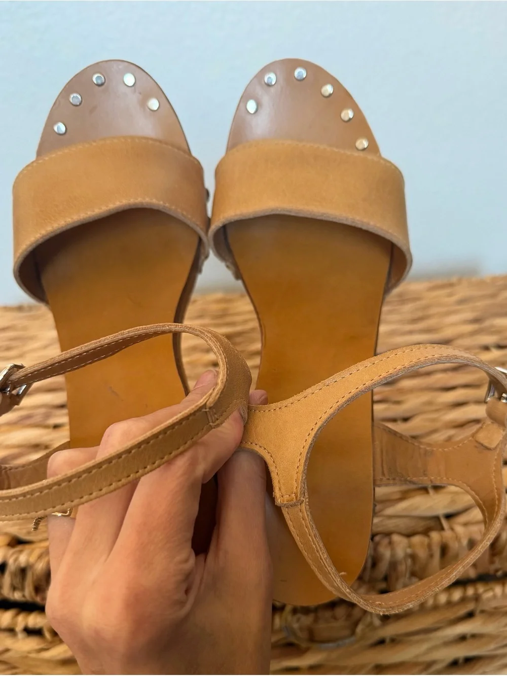Tan Leather Studded Wood Platform Clog Sandals Size 40 Boho 70s